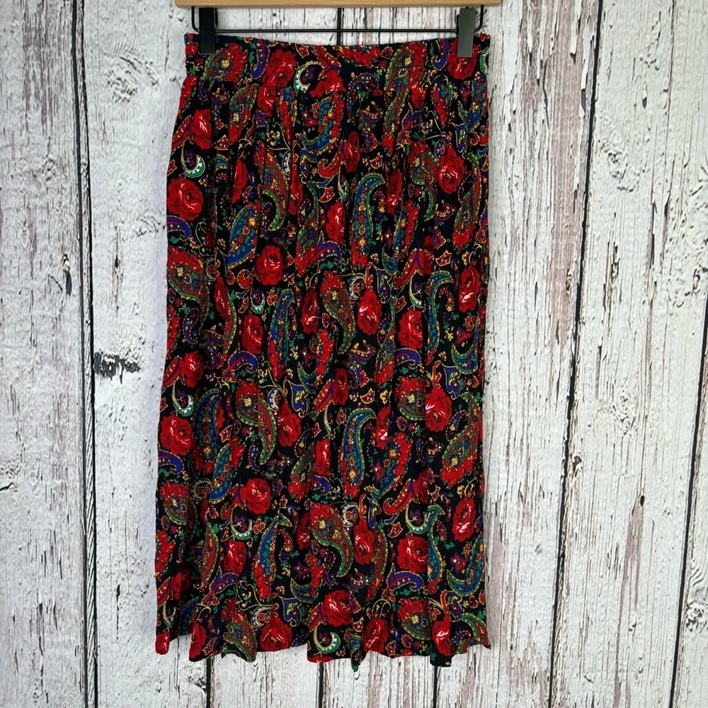 Vintage 1990s Chaus Midi Skirt Elastic Gathered‎ Waist Paisley Print Size Small